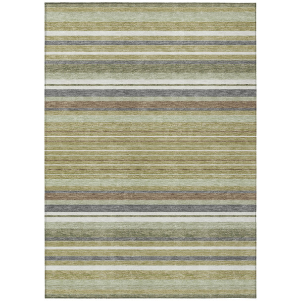 5' X 8' Artichoke Green Pewter And Ivory Striped Washable Indoor Outdoor Area Rug