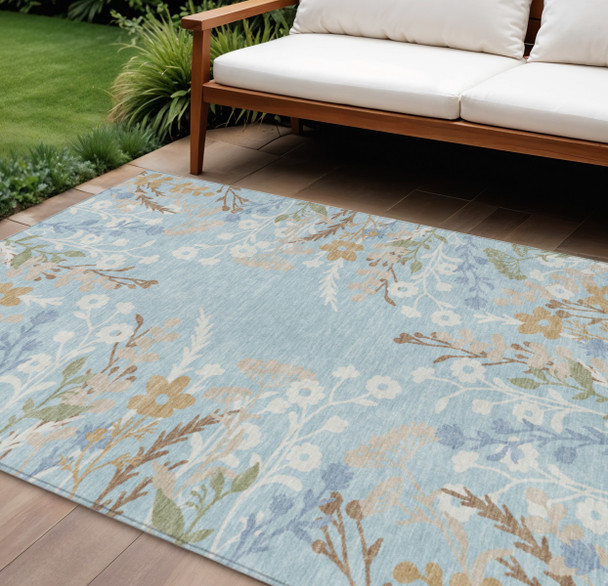 8' X 10' Sky Blue Ivory And Brown Floral Washable Indoor Outdoor Area Rug