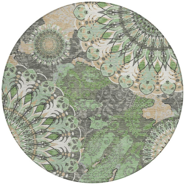 8' Green Ivory And Gold Round Paisley Washable Indoor Outdoor Area Rug