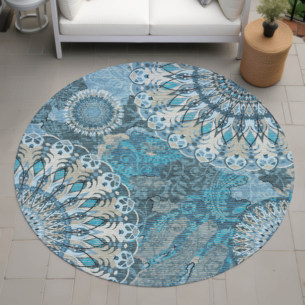 8' Teal Blue Khaki And Ivory Round Paisley Washable Indoor Outdoor Area Rug