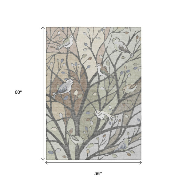 3' X 5' Beige Sage And Khaki Botanical Leaves Washable Indoor Outdoor Area Rug