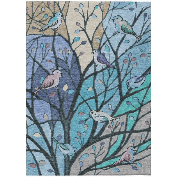 9' X 12' Blue Beige And Khaki Botanical Leaves Washable Indoor Outdoor Area Rug