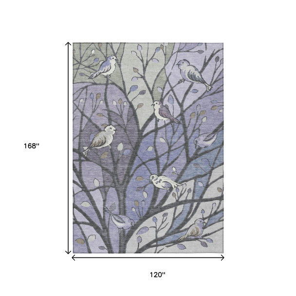 10' X 14' Purple Blue And Sage Botanical Leaves Washable Indoor Outdoor Area Rug