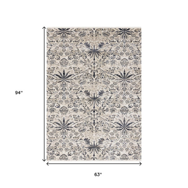 5' X 8' Cream And Blue Floral Medallion Area Rug