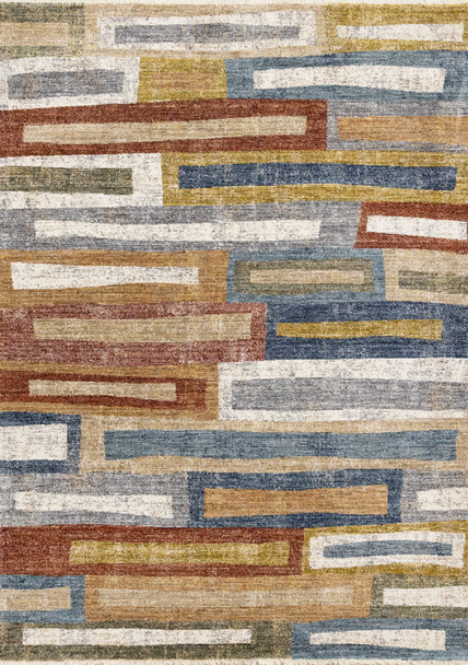 5' X 8' Orange Blue And Beige Geometric Area Rug