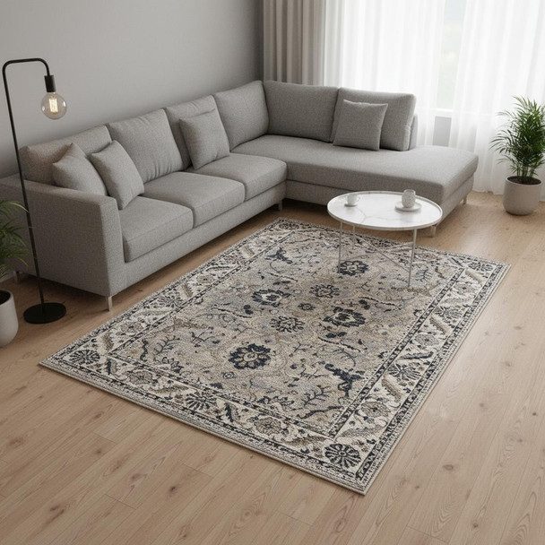 8' X 10' Beige Gray And Black Medallion Area Rug