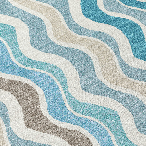3' X 5' Teal Blue Ivory And Beige Striped Washable Indoor Outdoor Area Rug
