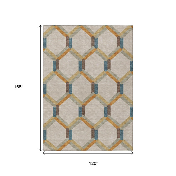 10' X 14' Beige Wheat And Blue Geometric Washable Indoor Outdoor Area Rug