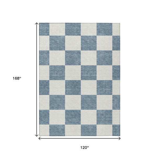 10' X 14' Denim Blue And Ivory Geometric Washable Indoor Outdoor Area Rug