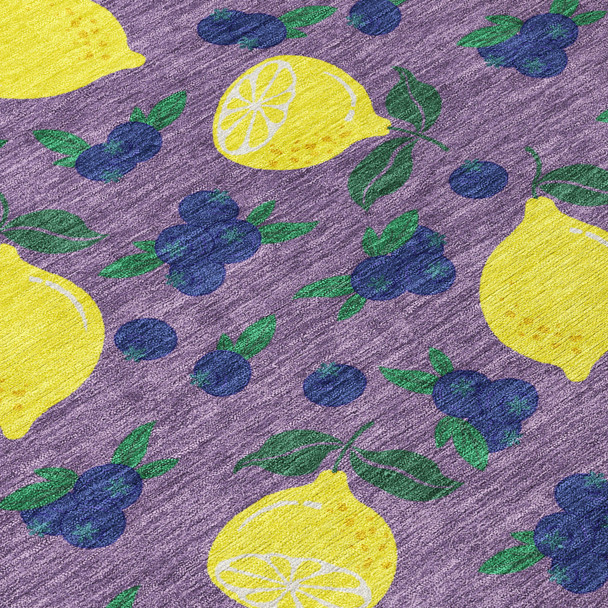 9' X 12' Lavender Yellow And Blue Lemons Washable Indoor Outdoor Area Rug