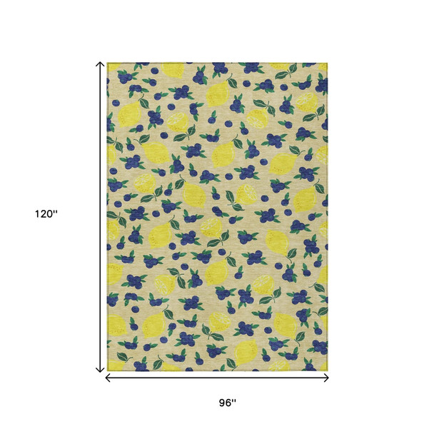 8' X 10' Wheat Yellow And Blue Lemons Washable Indoor Outdoor Area Rug