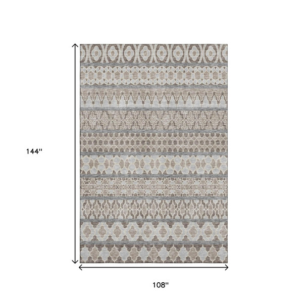 9' X 12' Taupe Beige And Ivory Ikat Washable Area Rug With UV Protection