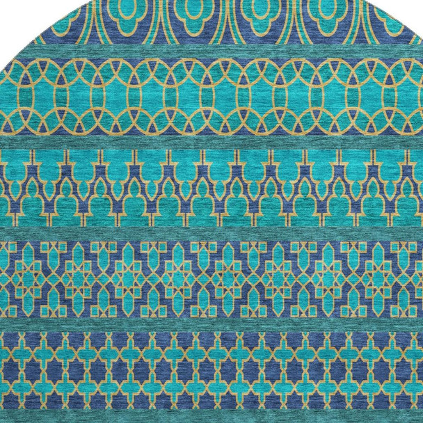 8' Teal And Gold Ikat Washable Round Rug With UV Protection