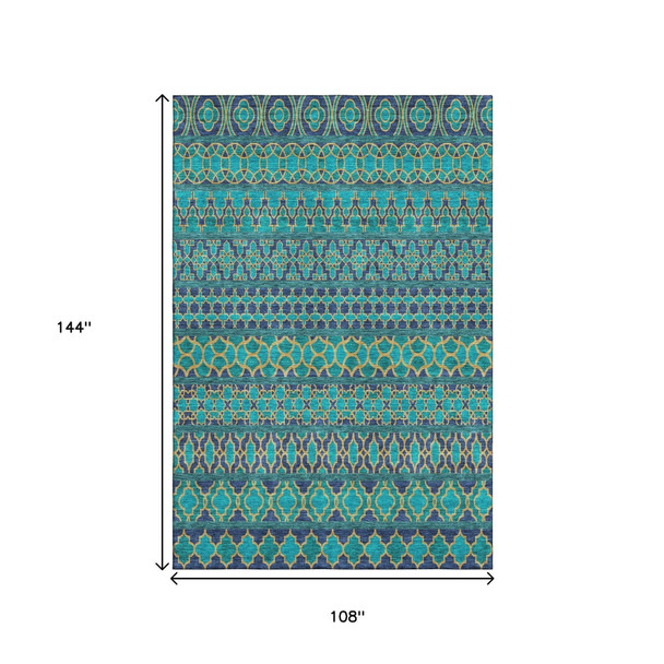 9' X 12' Teal And Gold Ikat Washable Area Rug With UV Protection