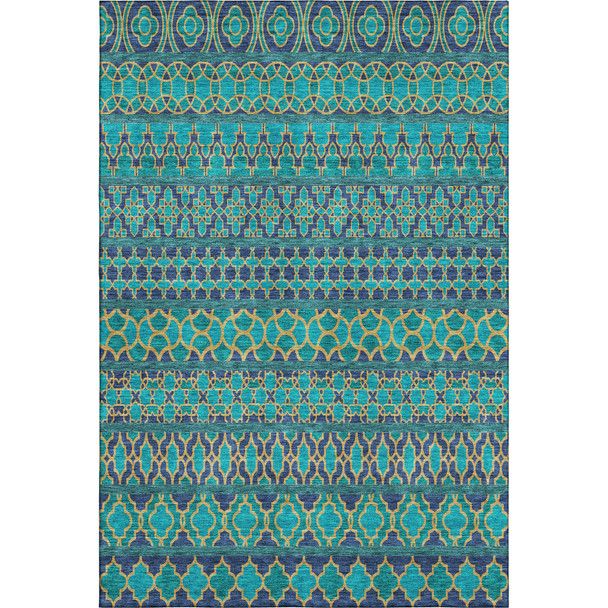 10' X 14' Teal And Gold Ikat Washable Area Rug With UV Protection
