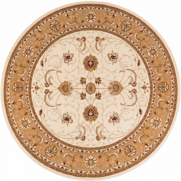 5' Beige and Ivory Round Oriental Power Loom Area Rug