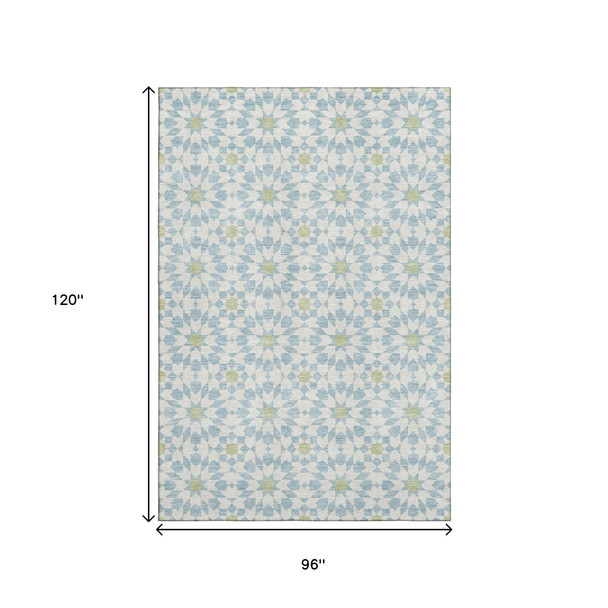 8' X 10' Sky Blue Ivory And Green Geometric Washable Area Rug With UV Protection