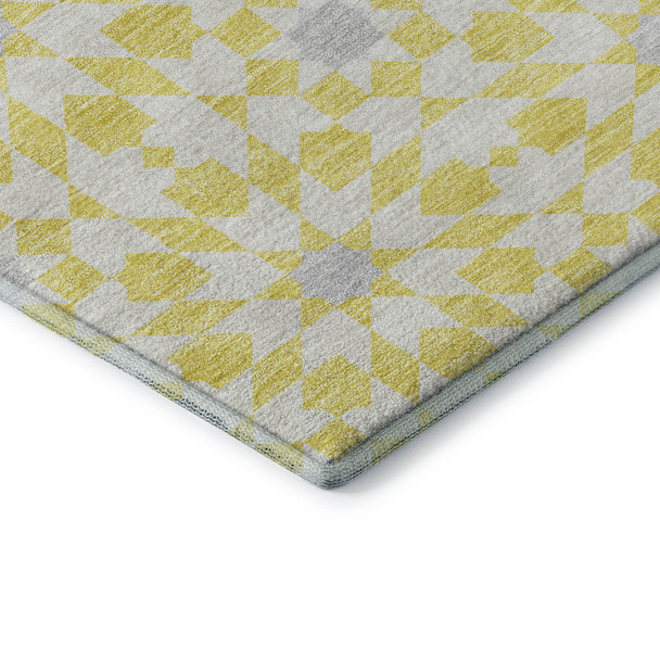 5' X 8' Yellow Ivory And Gray Geometric Washable Area Rug With UV Protection