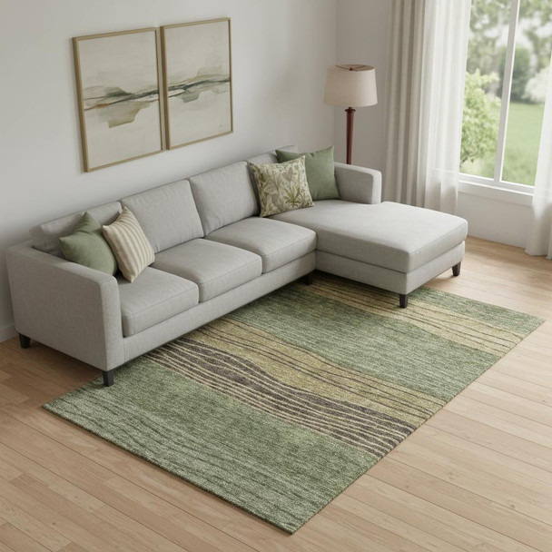 9' X 12' Olive Green Gold And Brown Striped Washable Area Rug With UV Protection