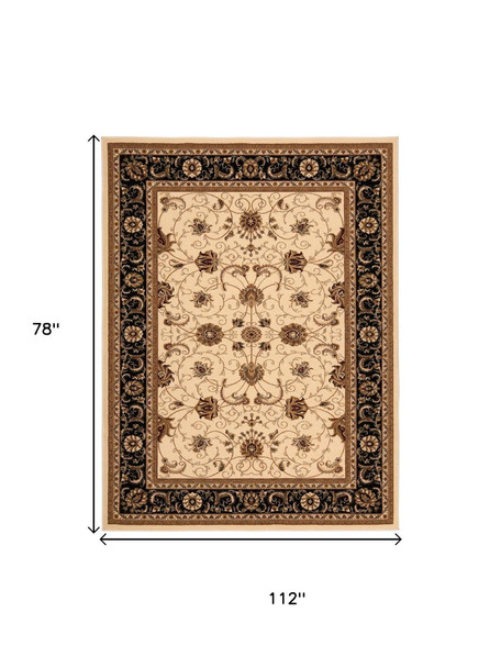7' X 9' Black And Ivory Oriental Area Rug