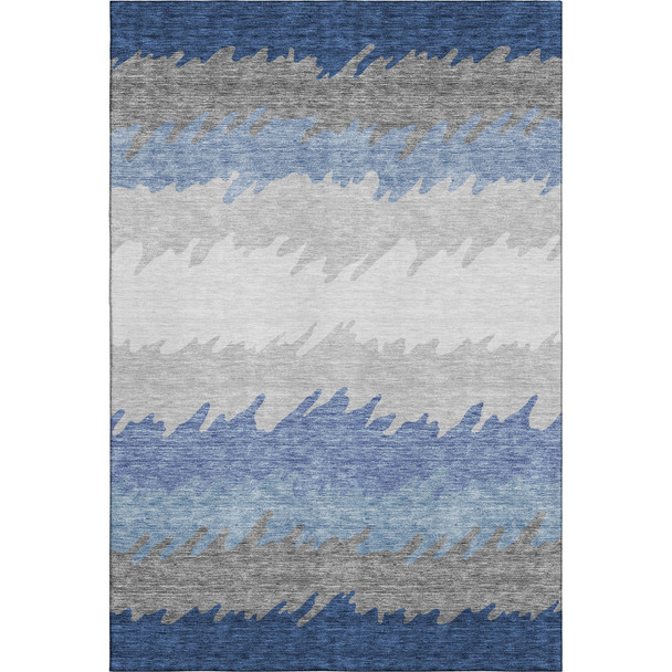 5' X 8' Navy Blue Gray And Silver Striped Washable Area Rug With UV Protection