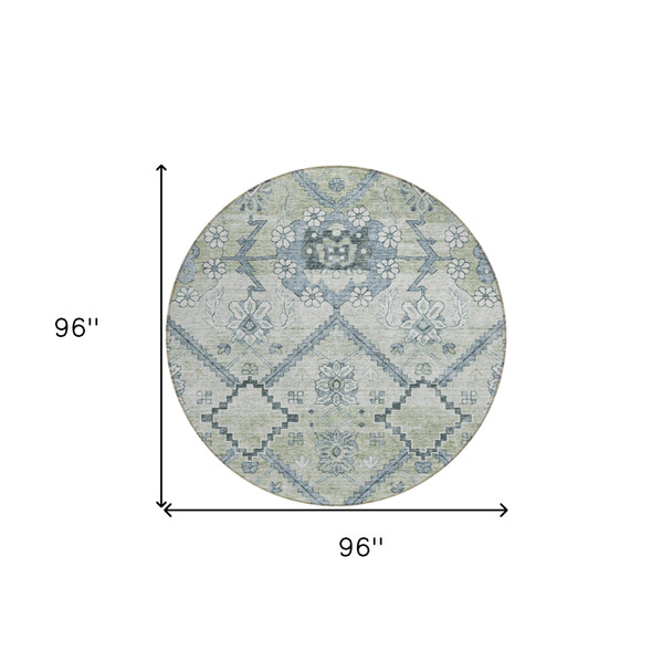 8' Artichoke Green Denim Blue And Silver Round Floral Washable Indoor Outdoor Area Rug