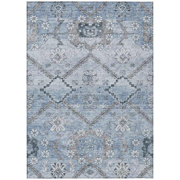 3' X 5' Sky Blue And Denim Blue Floral Washable Indoor Outdoor Area Rug