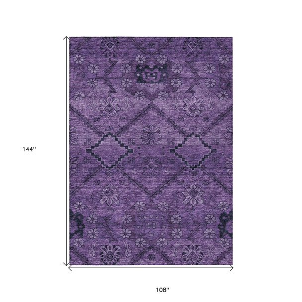 9' X 12' Eggplant Purple And Plum Floral Washable Indoor Outdoor Area Rug