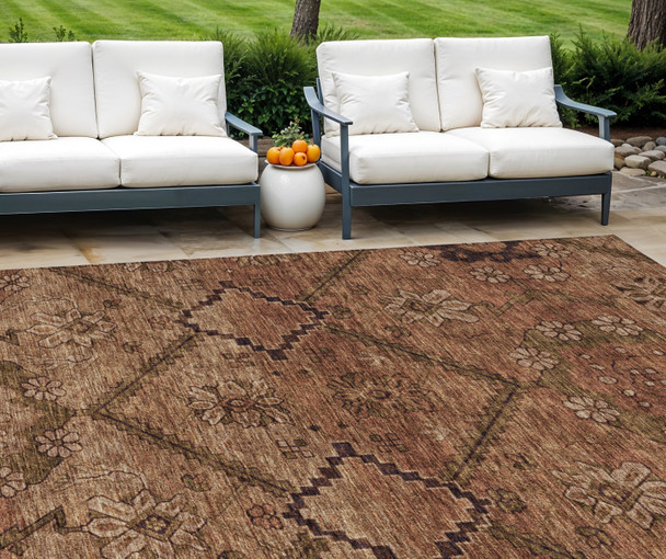 10' X 14' Orange Copper And Brown Floral Washable Indoor Outdoor Area Rug