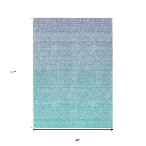 3' X 5' Sky Blue And Teal Blue Ombre Washable Indoor Outdoor Area Rug