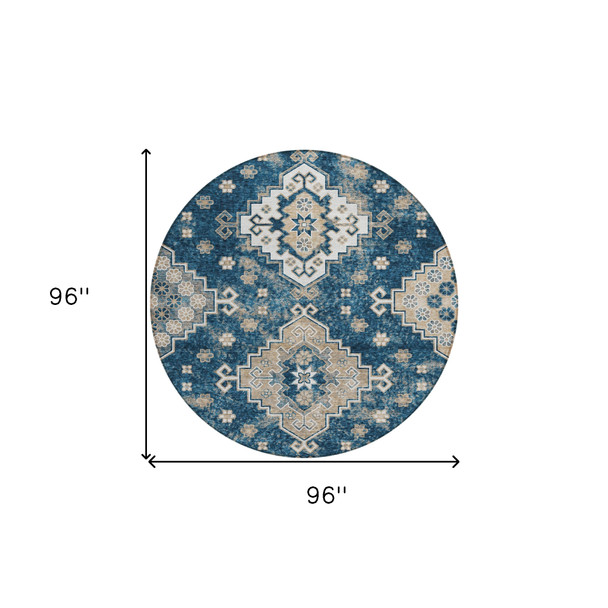 8' Navy Blue Beige And Ivory Round Medallion Washable Indoor Outdoor Area Rug