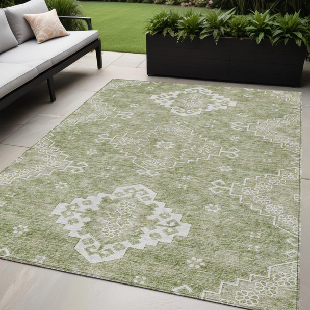 5' X 8' Artichoke Green Beige And Ivory Medallion Washable Indoor Outdoor Area Rug
