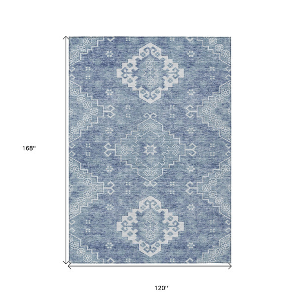 10' X 14' Navy Blue And Denim Blue Medallion Washable Indoor Outdoor Area Rug