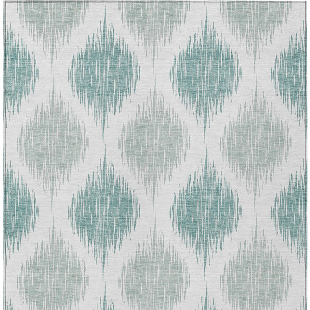 9' X 12' Aqua Teal Blue And Ivory Ikat Washable Indoor Outdoor Area Rug