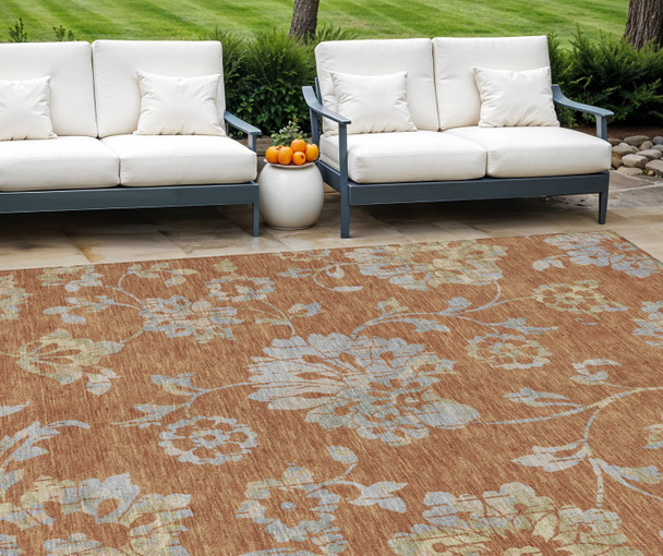10' X 14' Orange Copper And Gray Floral Washable Indoor Outdoor Area Rug