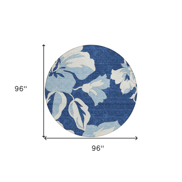 8' Navy Blue Denim Blue And Ivory Round Floral Washable Indoor Outdoor Area Rug