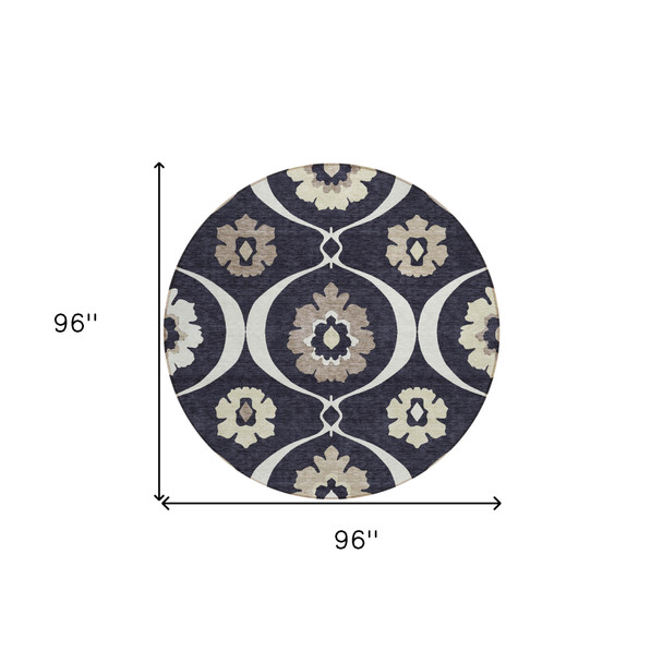 8' Black Ivory And Taupe Round Medallion Washable Indoor Outdoor Area Rug