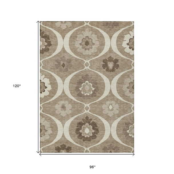 8' X 10' Taupe Brown And Ivory Medallion Washable Indoor Outdoor Area Rug