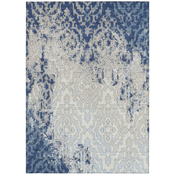 9' X 12' Navy Blue Beige And Sky Blue Medallion Washable Indoor Outdoor Area Rug