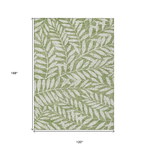 10' X 14' Green And Ivory Floral Washable Indoor Outdoor Area Rug