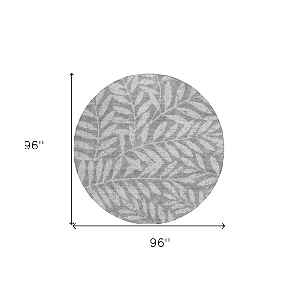 8' Gray And Light Gray Round Floral Washable Indoor Outdoor Area Rug