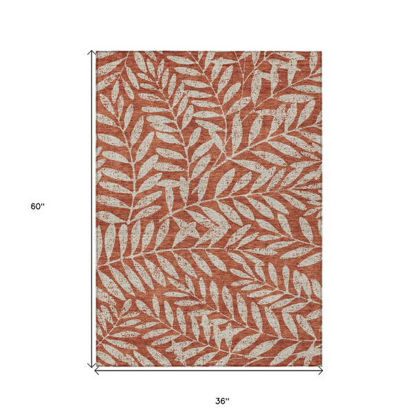 3' X 5' Orange And Ivory Floral Washable Indoor Outdoor Area Rug