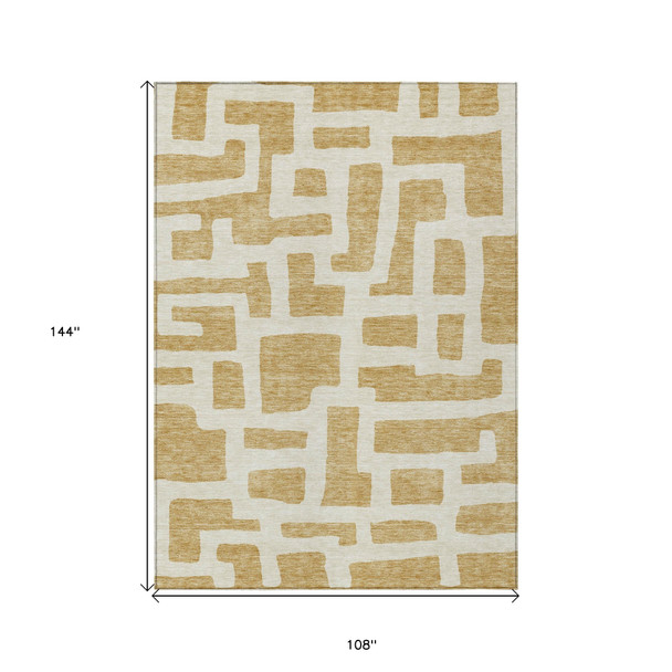 9' X 12' Gold And Ivory Abstract Washable Indoor Outdoor Area Rug