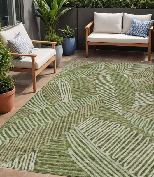 5' X 8' Olive Green Brown And Ivory Floral Washable Indoor Outdoor Area Rug