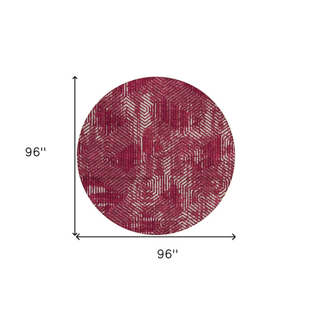 8' Burgundy And Ivory Round Geometric Washable Indoor Outdoor Area Rug