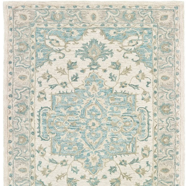 9' X 12' Turquoise and Cream Medallion Area Rug