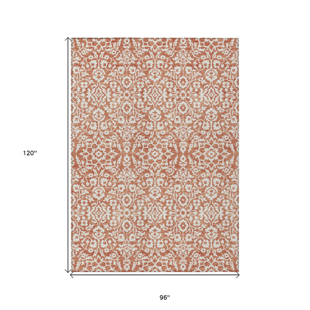 8' X 10' Coral And Ivory Damask Washable Indoor Outdoor Area Rug