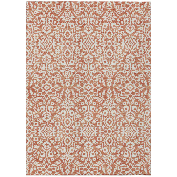 9' X 12' Coral And Ivory Damask Washable Indoor Outdoor Area Rug