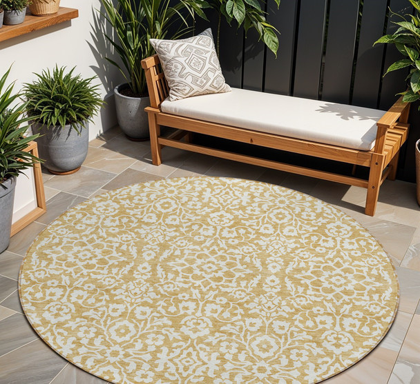 8' Gold And Beige Round Damask Washable Indoor Outdoor Area Rug