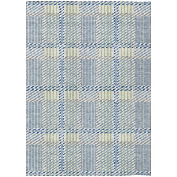 8' X 10' Denim Blue Green And Ivory Plaid Washable Indoor Outdoor Area Rug